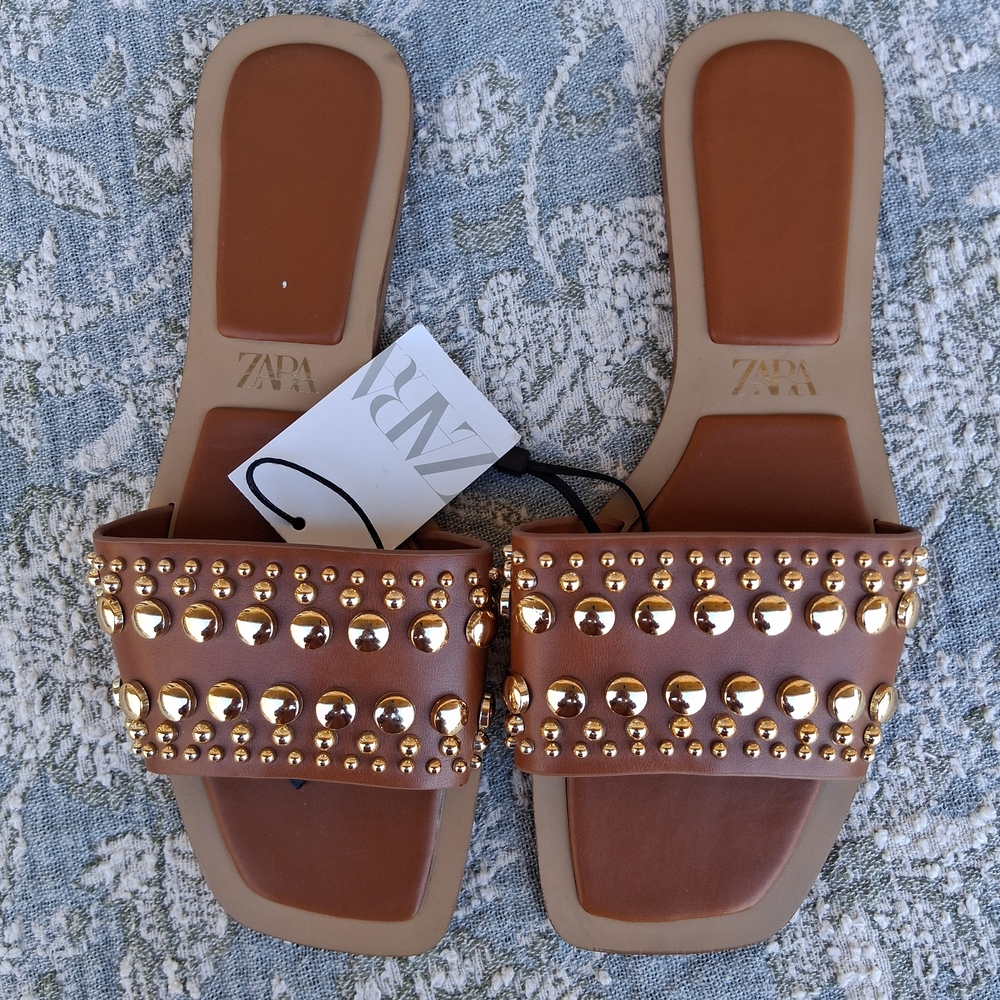 🌴 NWT Zara Brown Gold Studded Women's Sandals Sz. 40/9 - Picture 3 of 8